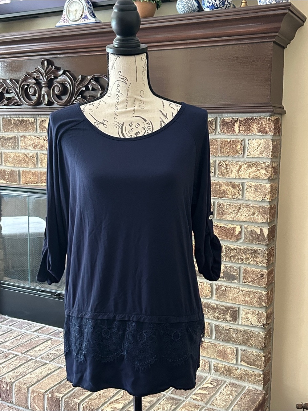Women's Navy Blue Lace-Hem Knit Top Roll Sleeve Medium